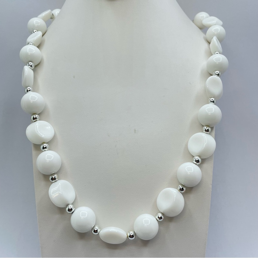 Vintage White Lucite Beaded Necklace Silver Spacer Mid Century Modern